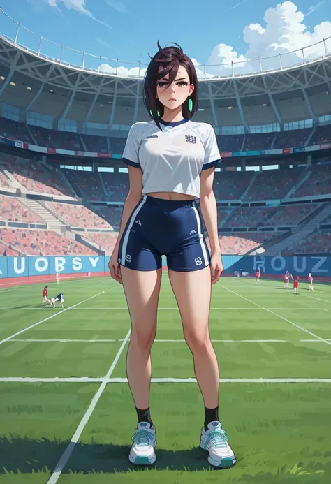 Momose Momo lifted barbell over head in sports uniform at school stadium, tense posture, distorted face, loud onomatopoeic speech, full length front view