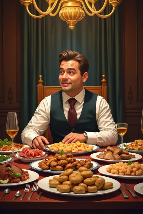 
A man is sitting on a chair and in front of him is a table and many kinds of food are placed on the table and the man is very happy looking at the food