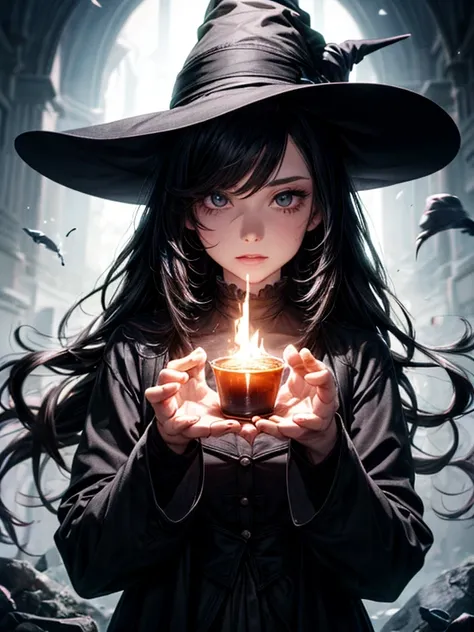 Villain, 200-year-old witch, long black hair, magic in her hands shining