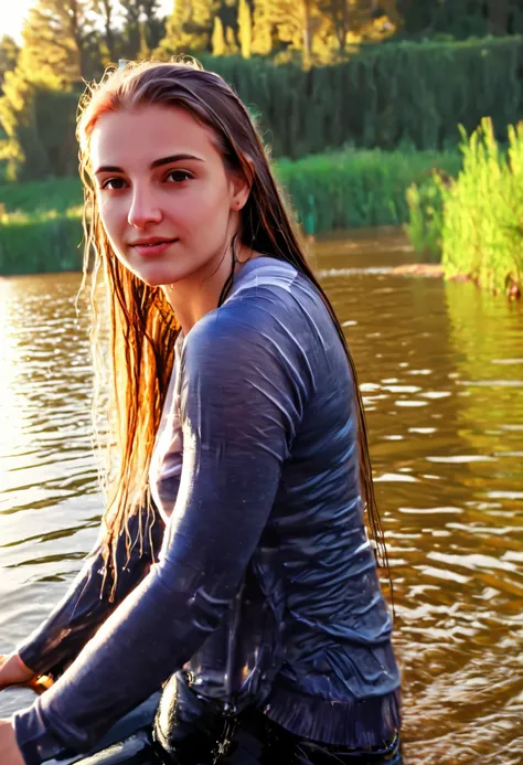 a beautiful 20 yo girl sitting on the water, long flowing hair, serene expression, soaking wet, wet clothing, wet hair, soft light, calm lake, (best quality,4k,8k,highres,masterpiece:1.2),ultra-detailed,(realistic,photorealistic,photo-realistic:1.37),HDR,U...