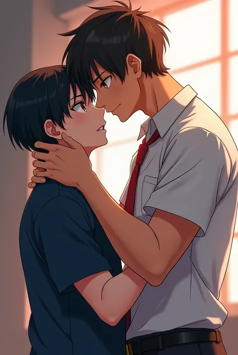 Anime boy loves picture, there are two boys wearing school uniforms, one is 20 cm taller than the other and has bigger muscles, the two are looking at each other intently, their lips are about to touch, the shorter one has to raise his head There were toot...