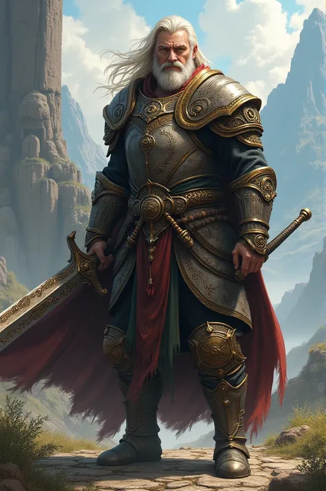 A bearded blond middle-aged man wearing fantasy armor and holding a longsword in one hand