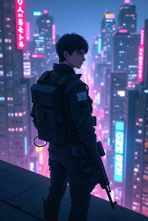 1 man, dark hair, blue eyes, black tactical military clothing, standing on a rooftop amidst a glowing neon city, holding a rifle, anime, 4k