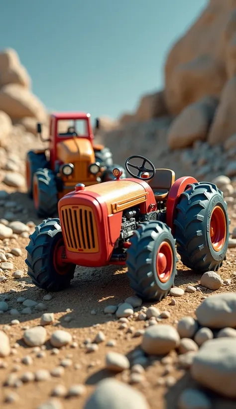 A rocky section of the track with uneven stones. The wooden mini tractor label "Pichi Tractor" with its polished wooden texture and vibrant red and blue colors, carefully maneuvers through the rocks, its wooden wheels handling the terrain surprisingly well...