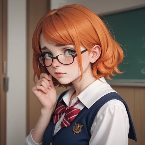 A girl of average height, about , with orange hair and green eyes ,In glasses , With freckles, dressed in a Japanese school uniform, Shy 