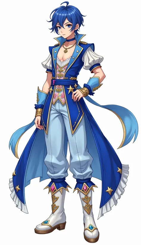 Teen Boy Magical Prince Blue Star Idol Themed, with a low-cut top with a white chest lined by gold studs and royal blue ruffles. The bodice is royal blue with two gold stars at the middle, followed by off-white ruffled fabric to match that on the left shou...