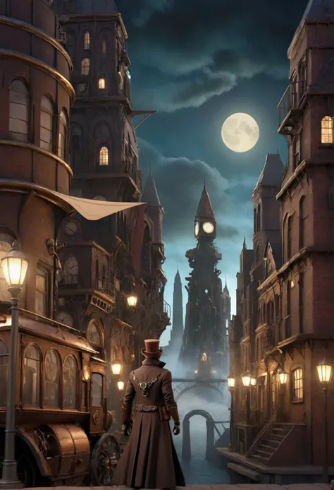 steampunk city, night, hero siloutte, time machine, 