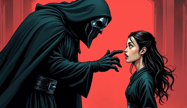 Darth sardis hand touches Lily’s face; she recoils back, shocked. comic style