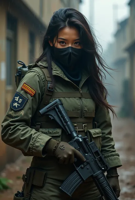 hight quality, Realistic, very cute beautiful girl, male die, male neck slashed, male neck bloody splash, male ninja, deadly girl, girl delta force, girl Camuflase delta force, male full face mask, very thick beauty korea hair styles, modern military base ...