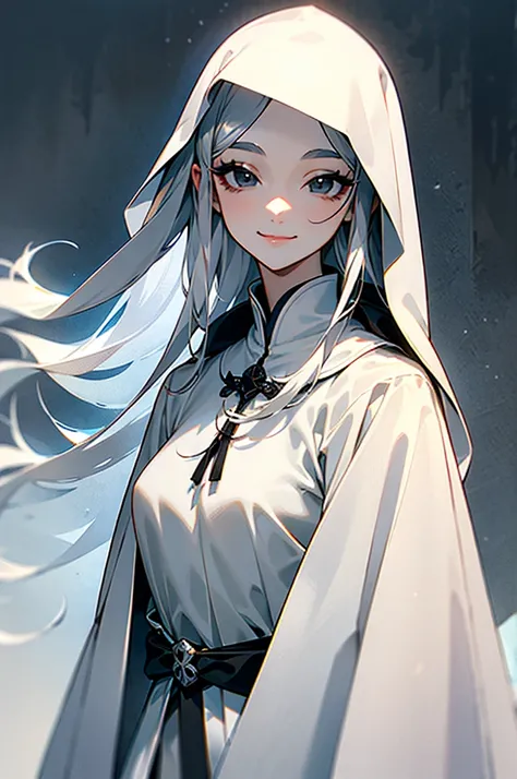 ，cute， long silver hair， black eyes，White eyelashes， medieval dress ，Off-white cloth coat ，simple，Smile，Dignified and serene ， upper body