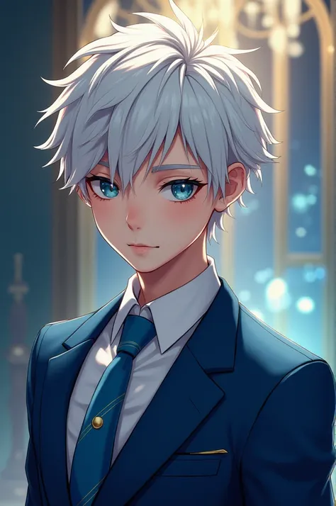  Teenage boy 
Age :  s
Very Beautiful 
Height : 1,57 meters
Weight : thin/ Athletic
Brilliant hair : White,  For both sides
Eyes : azuis claros,  
Skin : Branca

Luxury Blue :  Suit 
tie