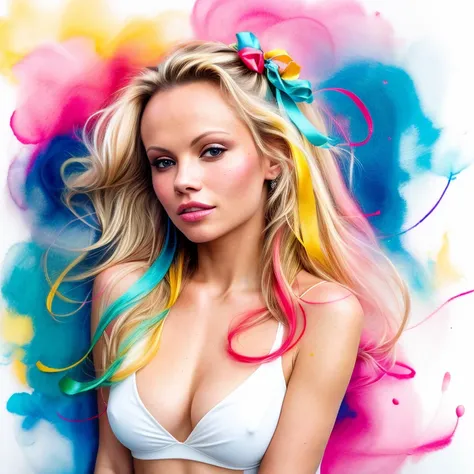 (8k, best quality, masterpiece:1.2),(best quality:1.0), (ultra highres:1.0), pencil colors, Pamela Anderson, shoulder, hair ribbons, by agnes cecile, full body photography, extremely luminous bright design, pastel colors, (ink:1.3), autumn lights