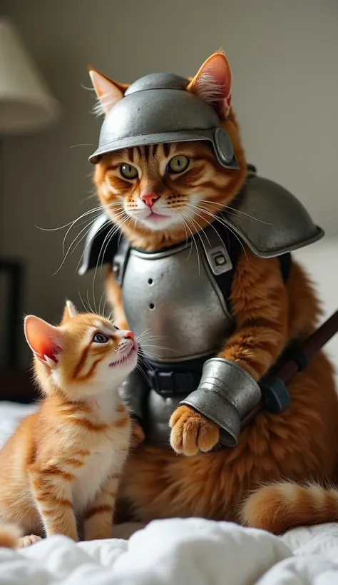 The large orange cat is now standing beside the bed, putting on makeshift battle gear. This includes a helmet fashioned out of a cooking pot, a chest plate made of a metal tray, and a toy sword slung across its back. The kitten looks up at the large cat wi...