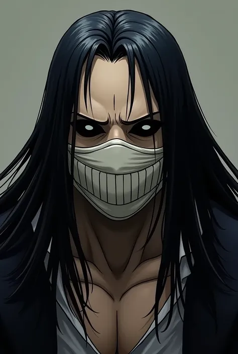 Crie um personagem de one piece,  he will wear a cloth mask over his mouth with a smile stitching. He will have empty eyes and black pupils ,  long black hair , strong and big body.