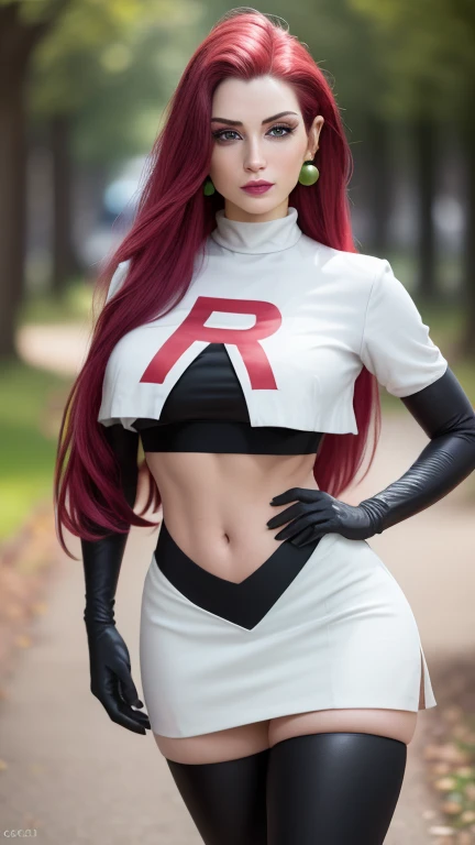 Pokémon Jessie, 1 girl, breasts, Crop top,  hair styled backwards , jewelry, Blue eyes, belly button,  long hair, skirt, Team Rocket, earrings, Red hair, Gloves,  thighhighs ,   underwear, large breasts, Diafragma, white skirt, elbow Gloves, black Gloves, ...