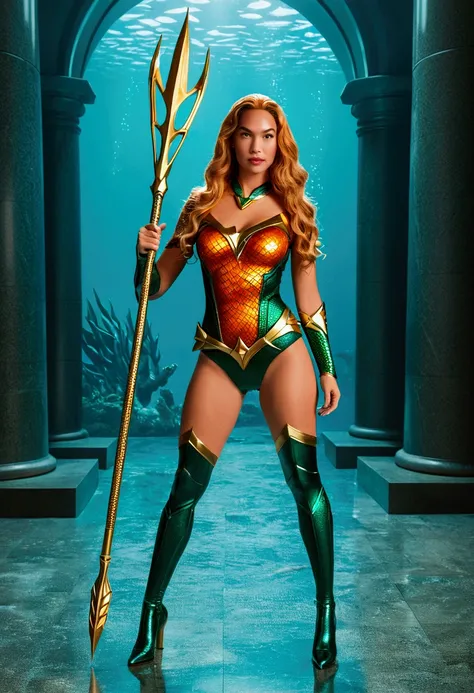 A cute woman (role of Aquaman, sexy costume, trident) heroic pose in the Justice League building
