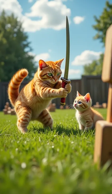 The large orange cat is in an open grassy yard, practicing with its toy sword, swinging it fiercely. Its expression is determined, with green eyes focused. The kitten sits nearby, watching with amazement. The scene includes a sunny sky, a few trees, and sc...