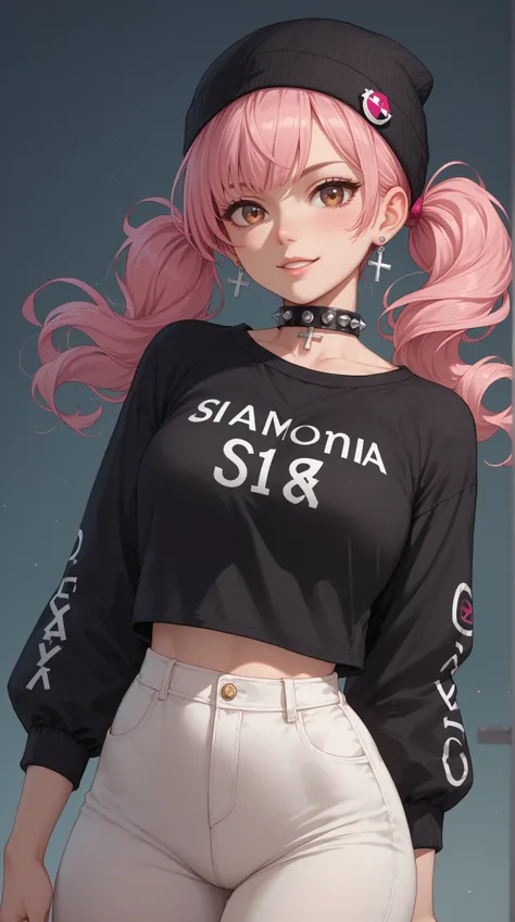 full body, straight pose body eye caamera angle,A cheerful anime girl with long, pastel pink hair styled in twin tails, 
accessorized with a small black beanie and delicate cross earrings. 
add light on face to highlight. 
She’s wearing a cropped black swe...