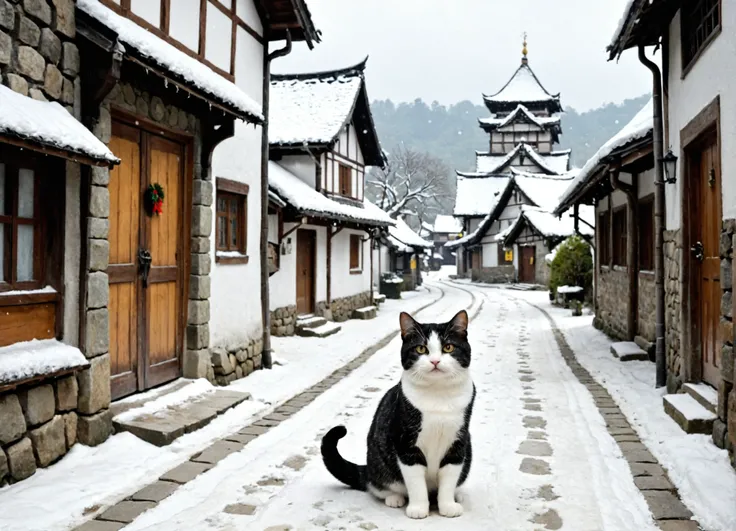 雪深い村の通りで、 charming photo showing a cute cat on a snowy village street  、masterpiece、 top quality、angry cat  、winter、  knight 、heavy snow、 Fubuki Castle is wearing Christmas clothes and hats Cats stand facing the front 、 expresses everything from head to to...