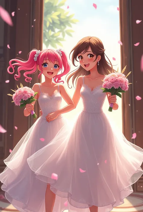  Please draw a woman with long, slightly curly hair 。The hair color is pink。It has twin tails。
Very cute。 theyre wearing a wedding dress 。
 Theres an ordinary woman with brown hair next to them 。彼女も theyre wearing a wedding dress 。Theyre getting married 。
...