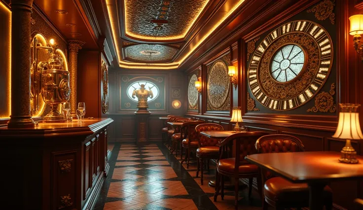 Steampunk luxury cruise， Intricate mechanical details ，brass and copper tones ， glowing neon， movie composition 