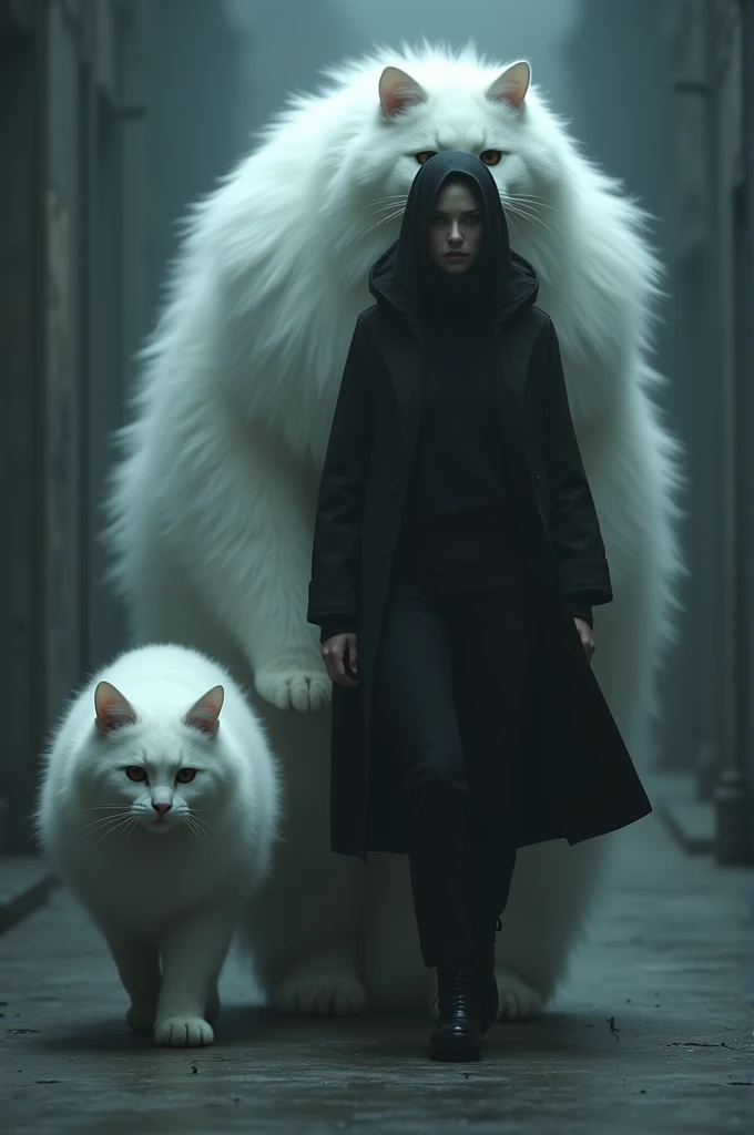 Mystery womans face walks alongside giant angora cat wearing black casual clothes 