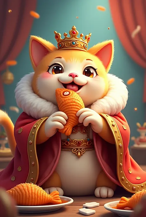 Cartoon fortune cat with crown+king robe+eat cheesy fish lekor