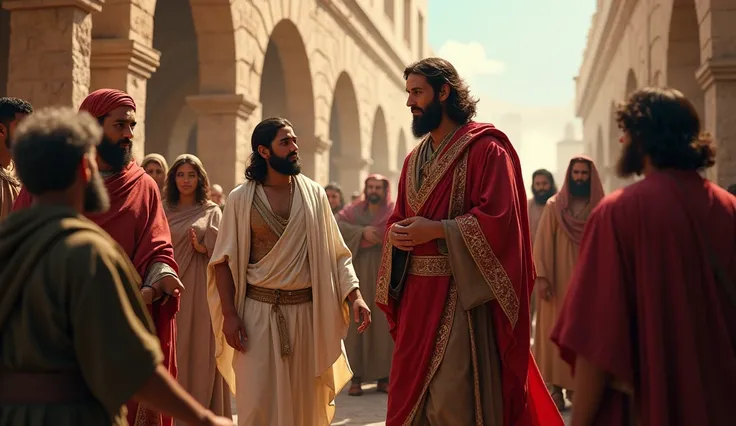 Joseph Caiaphas with Jesus and The people of Israel in the bible with different activities 