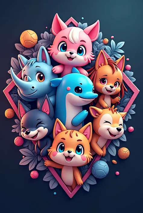 Logo Pentagon, 6 Animal in one frame, 1 rhino boy, 1 cat girl, 1 wolf girl, 1 dolphin boy, 1 dog boy, 1 girrafe girl. Cartoon character design, Animated street art, Graphic design illustration, Modern art styles. No teks. only 6 animal! Anime style. No hum...