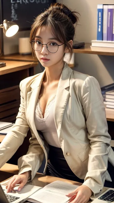 ((masterpiece, best quality)), best aesthetic, a beautiful adult woman, korean idol, plump body, natural breasts, braless, wearing formal blazer long-sleeve and skirt, desk, laptop, sitting, office desk, messy bun blonde hair, eyeglasses, office, chair, lo...