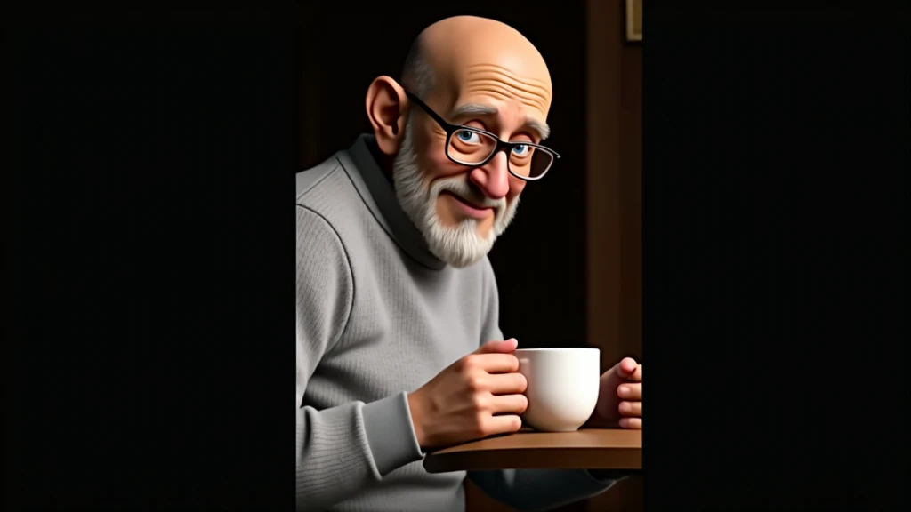 Best quality, high resolution, correct fingers, right anatomy, 1old male, bald headed, big blue eyes, glowing detailed eyes, stubble beard, natural smile, dark grey colored top and bottom jersey, fit body line, drinking coffee in Starbucks, accompanied by ...