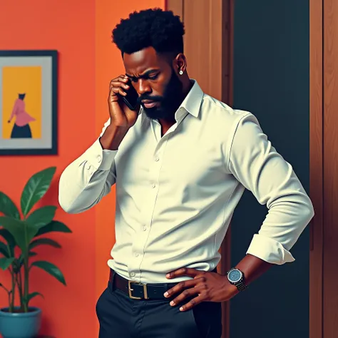 Un homme africain beau et élégant avec des cheveux afro moyennement stylés et une barbe bien taillée, exprimant un air très fâché et pensif. Il est habillé dun pull-over blanc pantalon noir stylé . Il est debout au salon moderne main sur la hanche qui pleu...