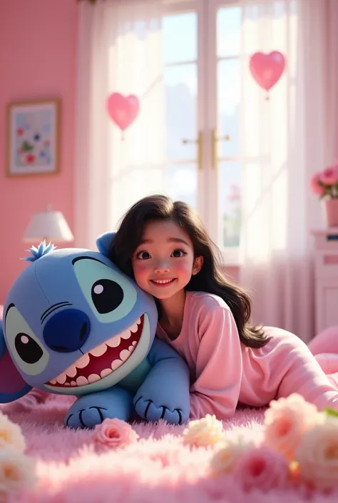  Giant plush toy in  (( stich )) (( peluche de la película Lilo y  stich  ))  cluttered on the floor of a white room with lots of pink details,  lying on top of the ,  a 25-year-old woman with wavy black hair , pearly skin ,  pink pajamas with light blue ,...