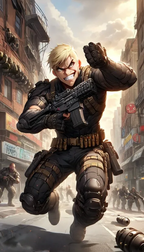 mercenary, male, male focus, muscular, blonde hair, dark brown eyes, crew cut, maniacal laugh, v-shaped eyebrow, evil smile, clenched teeth, ammunition belt, grenades, drop-down pistol holster on the right hip, holstered pistol on the right hip, (holding a...