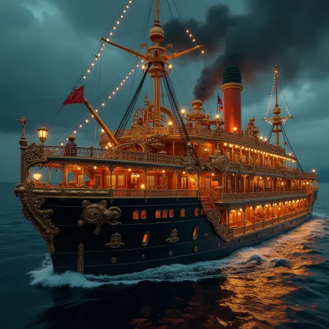 a luxurious steampunk cruise ship, highly detailed, intricate mechanical parts, brass and copper accents, dramatic lighting, moody atmosphere, photorealistic, cinematic, dramatic lighting, vibrant colors, masterpiece, hyper detailed