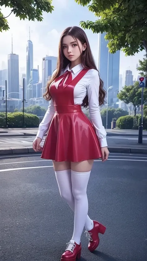 full body , fitted figure , cute beautiful schoogirl, beautiful cute teen face with big lips , High Waisted red leather skater pinafore dress, blouse short puffy sleeves , High Waisted red leather skater dress, red pioneer neckerchief , brunette long hair,...