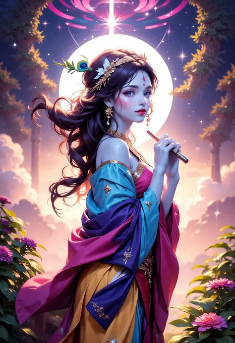 Anime inspired kishna as a female. Tilak in forehead, peacock feather,blue skinned flute and all. His yellow plus red dhoti. Blue and pink dress 0f radha. He took essence of radha and took a female form. The form the has the greatness of krishna and rhe es...