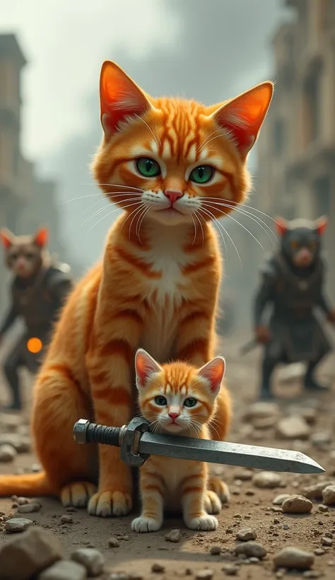 In the ruins of a destroyed city, the large orange cat stands protectively in front of the kitten. Its green eyes are fierce as it holds the toy sword, ready to defend. Behind them, their animal team is engaged in combat with shadowy opponents. Smoke and f...