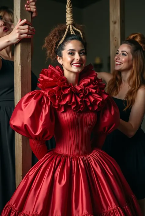 (realistic photograph close up sideways), (a pleased beautiful Caucasian woman with (messy hair bun), she is wearing (an elaborate red striped shiny satin gown with (long gigantic pouf sleeves), (and with an ultra high stand-up collar up to her cheeks) (wi...