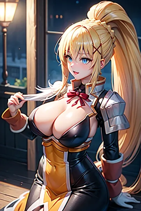 Darkness、KonoSuba、Blonde、High ponytail、gigantic breasts、aroused,see-through,best quality,