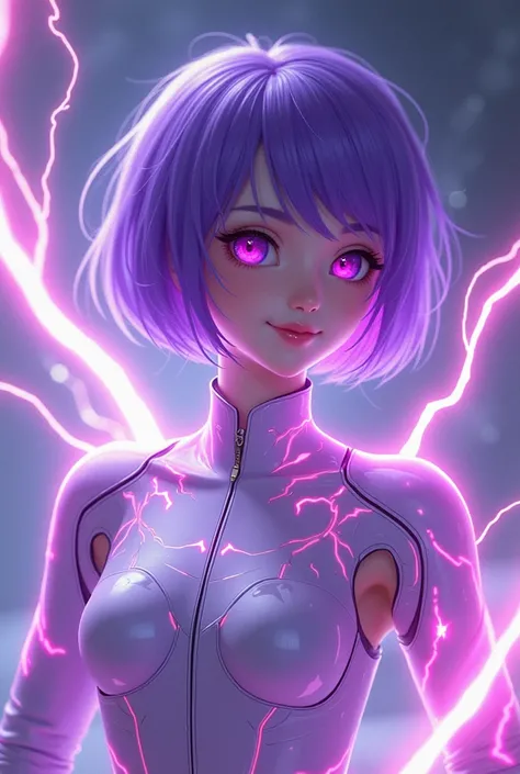 3D bionic style, oriental purple short-haired beauty, wearing shimmering spell albino light shoulder armor, moving like a ghost with thunder and lightning surrounding light and shadow, overall agility, high resolution, short hair, details, neon purple eyes...