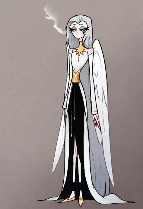 Heavenly priest male, snow-white skin, long silver hair {the hair falls to the shoulders}, silver eyes, stoic/tired expression, tall and slender, slim,soft features, long white cassock with a waist belt, white wings, Helluva Boss Animation Style Image.