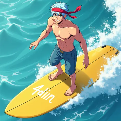  Full body image , a light blue haired man light blue eyes wearing red headband writing"4fd1n ",dark blue pants ,a little smile, standing on a yellow surfboard , undulating sea water background , afternoon weather 