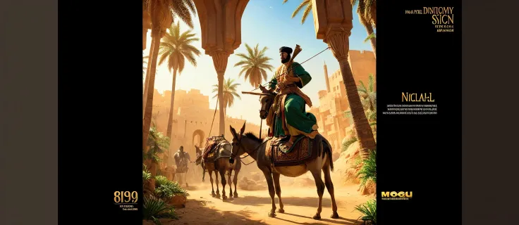 a picture of a man on a donkey with a palm tree, inspired by Altoon Sultan, inspired by Rudy Siswanto, the wise man is riding on top, orientalism, orientalism painting, inspired by Ismail Acar, trending on devian art, 1001 nights, orientalist, magic realis...