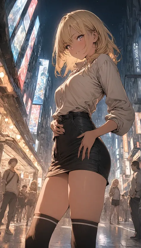 Masterpiece, high quality, tonal high definition, 16K, Makoto Shinkai illustration, detailed background, young woman, flashy blonde hair, gal, tanned skin, long eyelashes, pretty eyes, sexy face, knee socks, hand on waist, lower angle, Shibuya station