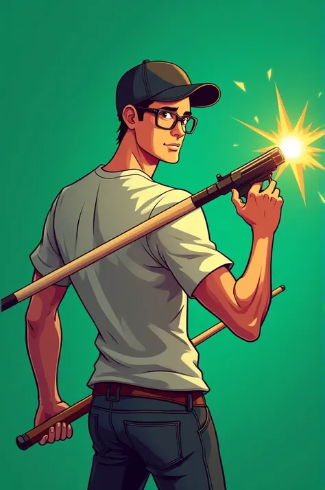 I want an image of an 8 ball pool avatar 
From the pool student ,  I want the pool stick to hold him on the man and who is facing backwards as if he were holding a cool gun and instead of a hat put a cap and on top of it glasses and a green background that...