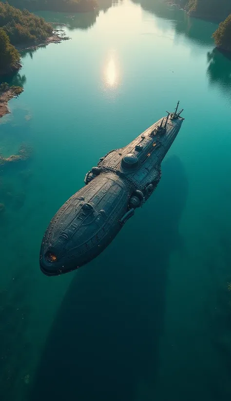 drone shot of an alien ship underwater, in a lake, hyper-realistic, 8k