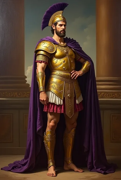 oil painting by Rubens 。Ancient Roman Emperor 。 Shining Golden Armor with Elaborate Relief、deep purple cloak、Shining Golden Helmet with Deep Purple Feather Ornaments 