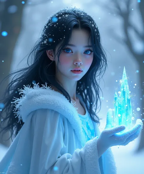 a 20-year-old albino boy,, inviting,  long black hair ,  blue eyes ,  pale skin , with ice powers, Jack Frost style , Elsa , frozen 
