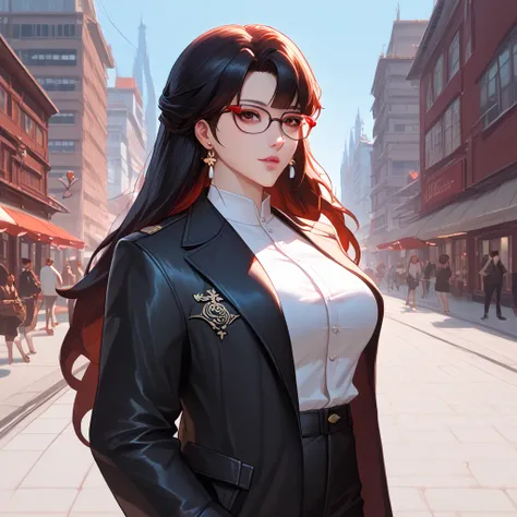 a girl standing outside, wearing glasses, in a black jacket, ((long hair)), a picture inspired by Zou Zhe, tumblr, realism, xintong chen, around 1 , qichao wang, huifeng huang, zhelong xu, xiaofan zhang, pengzhen zhang, zmonzheng, yihao ren, zezhou chen.